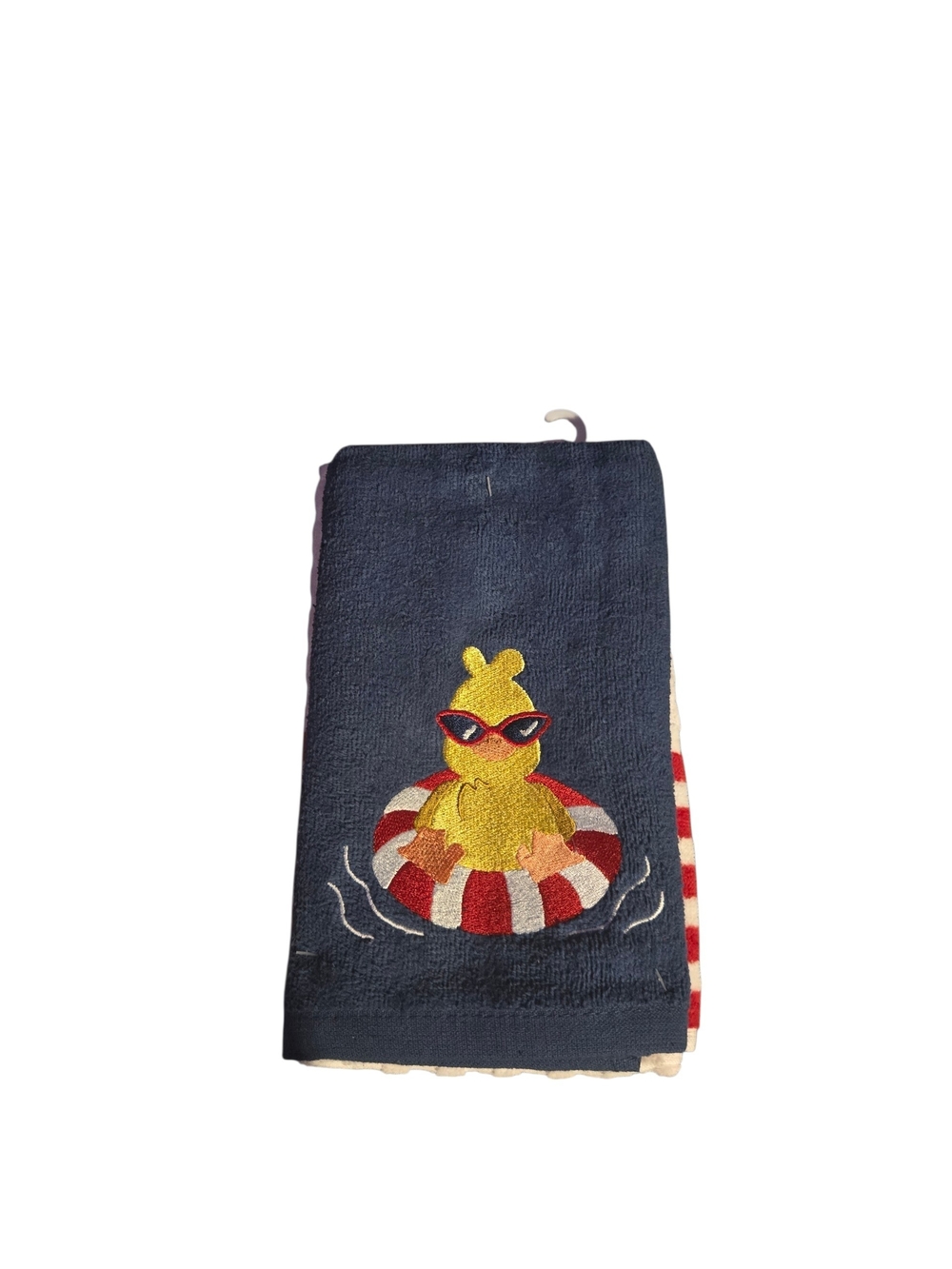 Navy Duck Embroidered Hand Towel - Nautical Stripe Accent